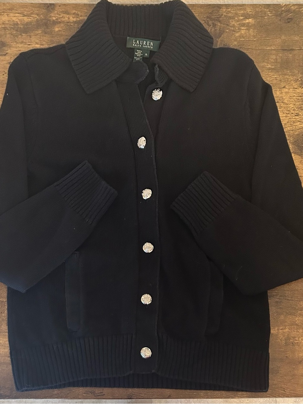 Lauren Ralph Lauren Black Ribbed-Collar Button Cardigan